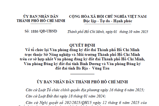 Quyết định 1886/QĐ-UBND 2025 tổ chức lại Văn phòng đăng ký đất đai TPHCM