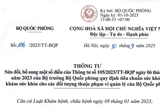 Đã có Thông tư 106/2025/TT-BQP sửa đổi Thông tư 105 về tiêu chuẩn sức khỏe, khám sức khỏe nghĩa vụ quân sự
