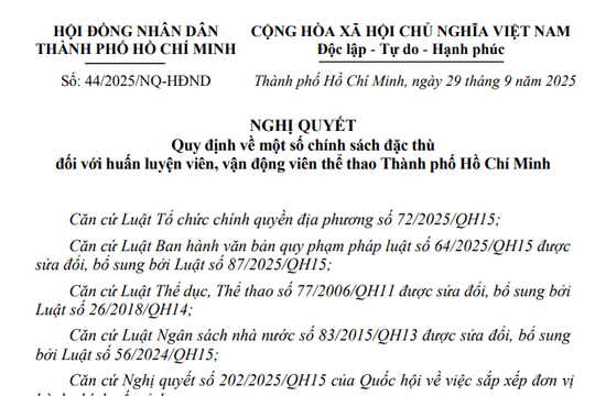 Đã có Nghị quyết 44/2025/NQ-HĐND chính sách đặc thù đối với huấn luyện viên, vận động viên thể thao TP.HCM