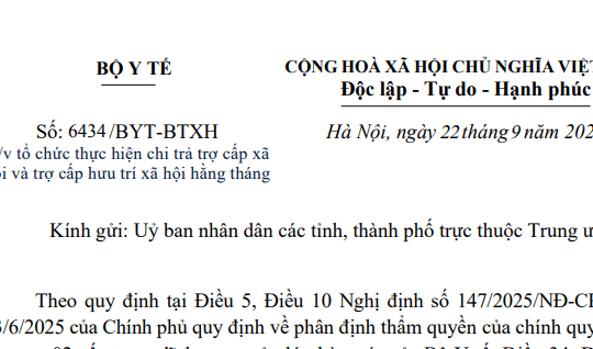 Toàn văn Công văn 6434/BYT-BTXH hướng dẫn chi trả trợ cấp xã hội và trợ cấp hưu trí xã hội hằng tháng