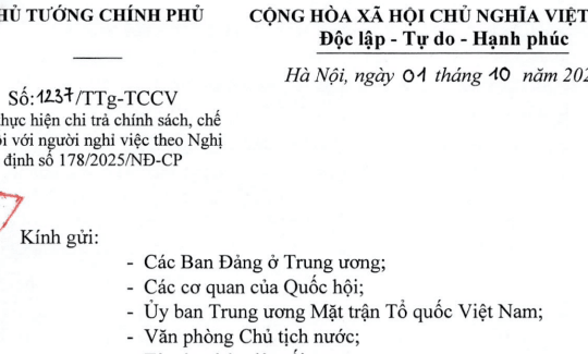 Đã có Công văn 1237/TTg-TCCV hướng dẫn Kết luận 195 chi trả chế độ Nghị định 178 cho CBCC trước 15/10/2025