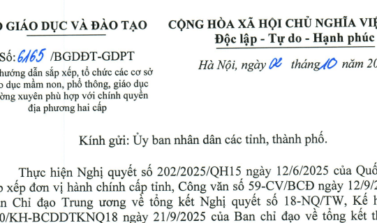 Đã có Công văn 6165/BGDĐT-GDPТ hướng dẫn sắp xếp trường mầm non, GDPT, GDTX theo chính quyền 02 cấp