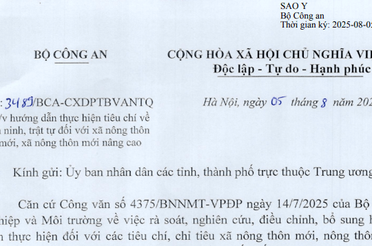 Công văn 3489: Bộ Công an có hướng dẫn mới về tiêu chí an ninh trật tự đối với xã NTM/NTM nâng cao