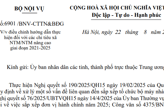 Công văn 6901: Bộ Nội vụ đã điều chỉnh hướng dẫn về chỉ tiêu xã NTM/NTM nâng cao giai đoạn 2021–2025