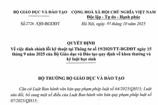 Đính chính Thông tư 19/2025/TT-BGDĐT về khen thưởng và kỷ luật học sinh