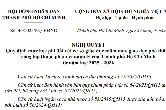 Toàn văn Nghị quyết 40/2025/NQ-HĐND mức học phí tại trường mầm non, phổ thông công lập tại TPHCM