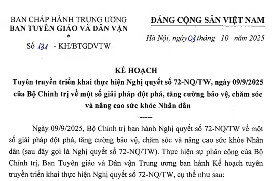Đã có Kế hoạch 131-KH/BTGDVTW triển khai Nghị quyết 72 về nâng cao sức khỏe Nhân dân
