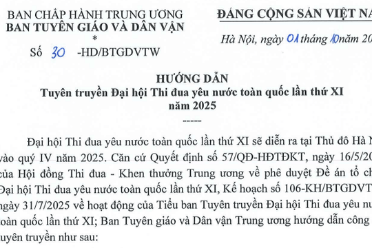 Đã có Hướng dẫn 30-HD/BTGDVTW tuyên truyền Đại hội Thi đua yêu nước toàn quốc lần thứ XI năm 2025
