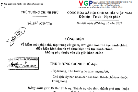Công điện 187/CĐ-TTg cắt giảm và thực hiện thủ tục hành chính không phụ thuộc vào địa giới hành chính