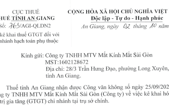 Toàn văn Công văn 763/AGI-QLDN2 kê khai thuế giá trị gia tăng đối với chi nhánh hạch toán phụ thuộc
