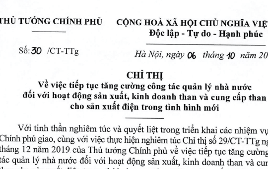 Chỉ thị 30/CT-TTg: Chỉ thị mới về hoạt động sản xuất kinh doanh than và cung cấp than cho sản xuất điện
