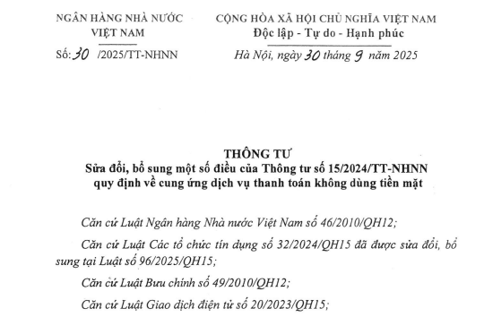 Đã có Thông tư 30/2025/TT-NHNN sửa đổi Thông tư 15/2024 về cung ứng dịch vụ thanh toán không dùng tiền mặt