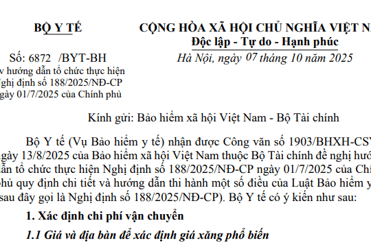 Công văn 6872/BYT-BH: Hướng dẫn tổ chức thực hiện Nghị định 188/2025/NĐ-CP