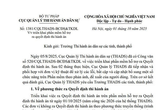 Công văn 1381: Hướng dẫn triển khai phần mềm hỗ trợ ra quyết định thi hành án