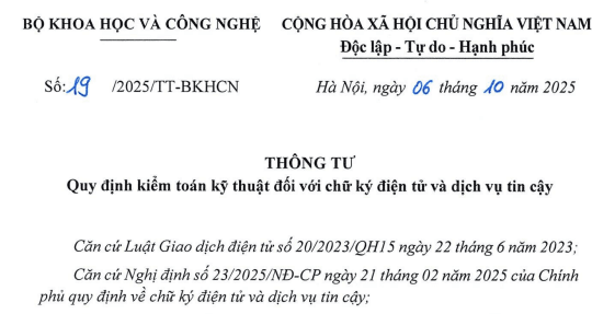 Đã có Thông tư 19/2025/TT-BKHCN quy định kiểm toán kỹ thuật chữ ký điện tử