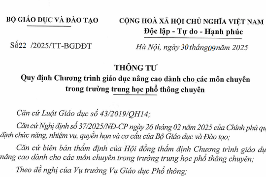 Đã có Thông tư 22/2025/TT-BGDĐT về Chương trình giáo dục dành cho các môn chuyên