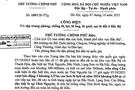 Công điện 189/CĐ-TTg: Tập trung phòng chống lũ lụt, sạt lở đất ở Bắc Bộ