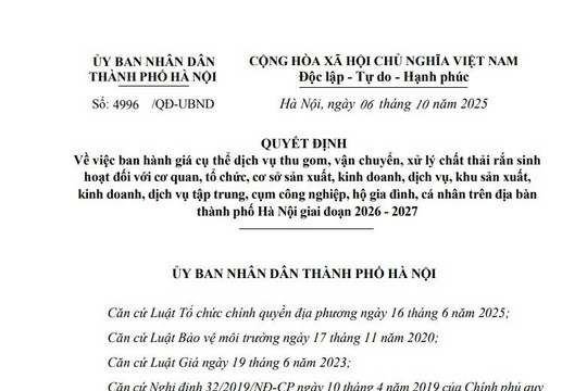Giá cụ thể dịch vụ thu gom, xử lý chất thải rắn sinh hoạt tại Hà Nội giai đoạn 2026 - 2027 (Quyết định 4996/QĐ-UBND)