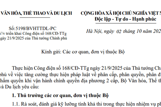 Công văn 1598/BVHTTDL-PC: Hướng dẫn Công điện 168 về phân cấp phân quyền theo chính quyền địa phương 2 cấp
