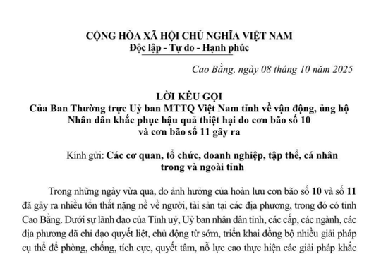 Lời kêu gọi ủng hộ Nhân dân khắc phục thiệt hại do bão số 10 của MTTTQ Việt Nam tỉnh Cao Bằng