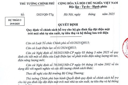 Đã có dự thảo Quyết định chính sách hỗ trợ hộ gia định lắp đặt điện mặt trời mái nhà tự sản xuất, tự tiêu thụ và hệ thống lưu trữ điện