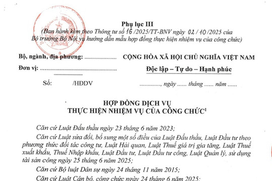 Mẫu hợp đồng dịch vụ thực hiện nhiệm vụ của công chức (ký kết với pháp nhân) áp dụng từ 16/11