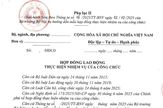 Mẫu hợp đồng lao động thực hiện nhiệm vụ của công chức áp dụng từ 16/11