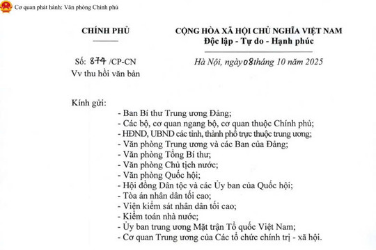 Công văn 874/CP-CN: Thu hồi Nghị định 256/2025/NĐ-CP về việc thực hiện dự án áp dụng loại hợp đồng Xây dựng - Chuyển giao