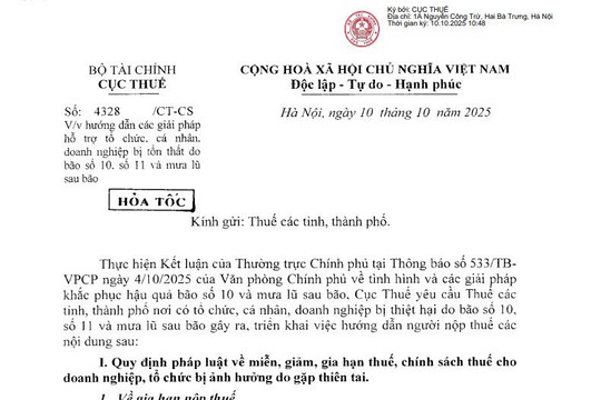 Công văn 4328: Hướng dẫn miễn giảm thuế với doanh nghiệp cá nhân bị tổn thất do bão số 10 bão số 11 và mưa lũ