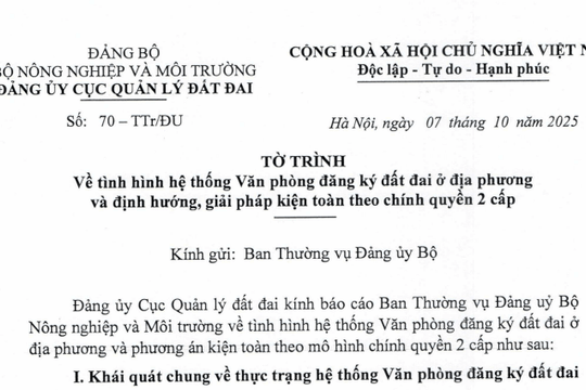 Tờ trình phương án sắp xếp Văn phòng đăng ký đất đai theo mô hình chính quyền 2 cấp