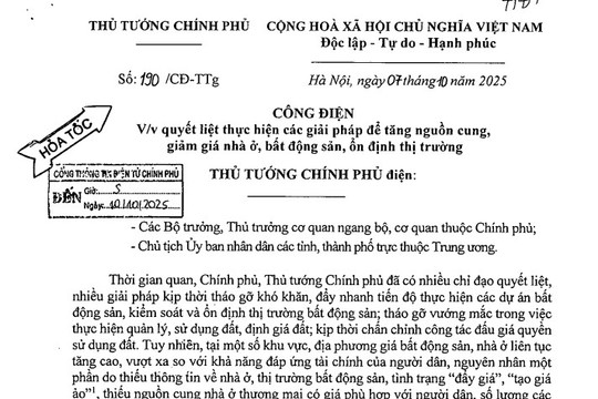 Công điện 190/CĐ-TTg quyết liệt tăng nguồn cung giảm giá nhà ở bất động sản