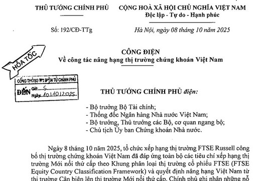 Công điện 192/CĐ-TTg về nâng hạng thị trường chứng khoán Việt Nam