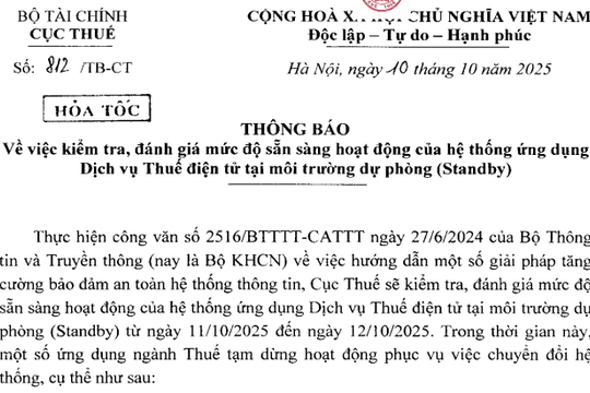 Danh sách các hệ thống ứng dụng ngành Thuế tạm dừng hoạt động từ 11/10/2025 (Thông báo 812/TB-CT)