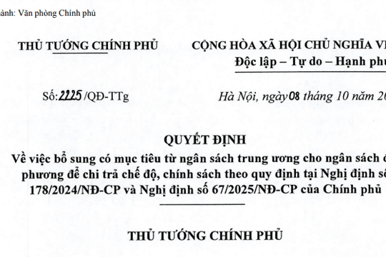 Quyết định 2225/QĐ-TTg: Bổ sung thêm 2.168.153 triệu đồng để chi trả chế độ chính sách tại Nghị định 178, 67