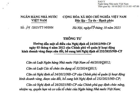Đã có Thông tư 34/2025/TT-NHNN hướng dẫn Nghị định 24/2012 về quản lý hoạt động kinh doanh vàng