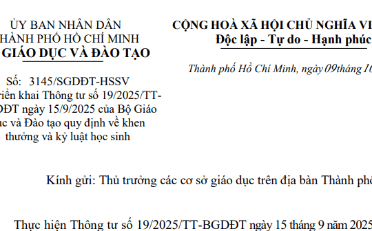 Công văn 3145/SGDĐT-HSSV: Hướng dẫn Thông tư 19/2025 về khen thưởng và kỷ luật học sinh