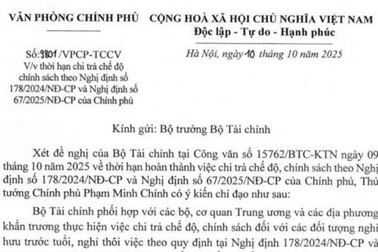 Công văn về thời hạn chi trả chế độ Nghị định 178 và Nghị định 67 của Văn phòng Chính phủ