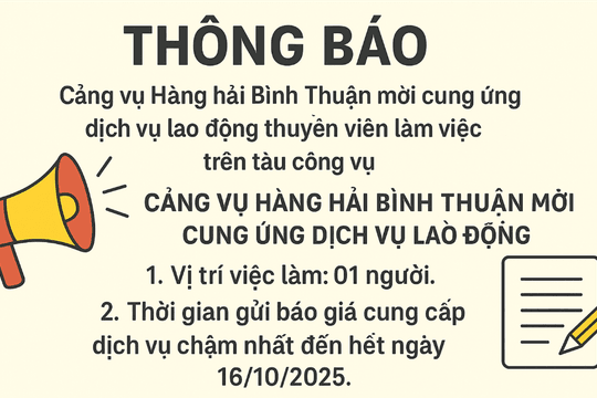 Cảng vụ Hàng hải Bình Thuận mời cung ứng dịch vụ lao động thuyền viên