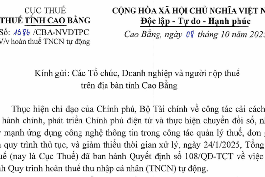 Công văn 1586/CBA-NVDTPC hướng dẫn mới về hoàn thuế TNCN tự động của Thuế Link vào Cao Bằng