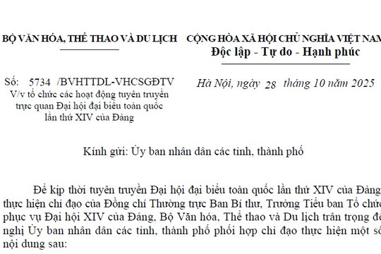 Công văn 5734/BVHTTDL-VHCSGĐTV về tuyên truyền Đại hội XIV của Đảng