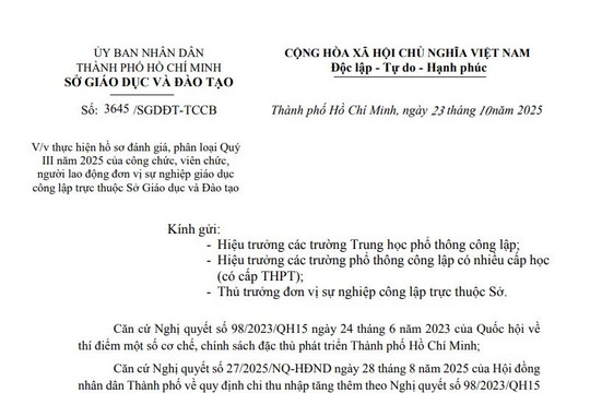 Công văn 3645: Hướng dẫn hồ sơ đánh giá phân loại Quý III năm 2025 của công chức, viên chức giáo dục TPHCM