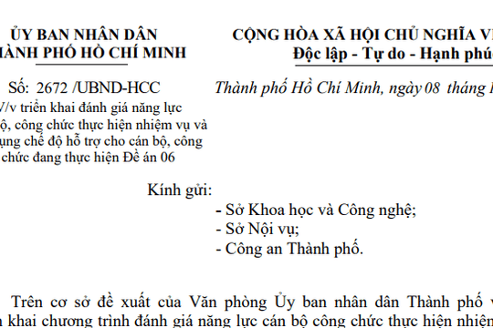 Công văn 2672/UBND-HCC: Chỉ đạo mới về chế độ hỗ trợ và đánh giá cán bộ công chức thực hiện Đề án 06