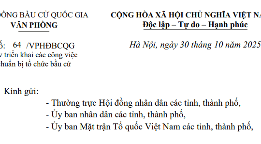 Toàn văn Công văn 64/VPHĐBCQG về triển khai các công việc chuẩn bị tổ chức bầu cử