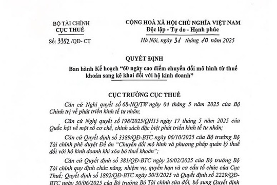 Quyết định 3352: Kế hoạch 60 ngày cao điểm chuyển đổi thuế khoán sang kê khai với hộ kinh doanh từ 01/11/2025 đến 30/12/2025