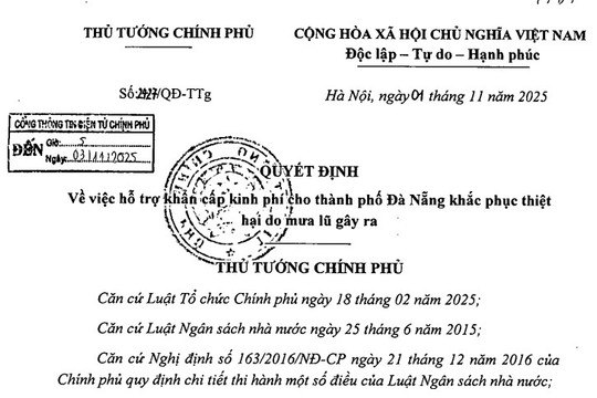 Hỗ trợ khẩn 100 tỷ đồng cho TP Đà Nẵng do mưa lũ (Quyết định 2427/QĐ-TTg)