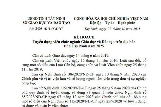 Kế hoạch tuyển dụng giáo viên tỉnh Tây Ninh năm 2025 (Kế hoạch 2408/KH-SGDĐT)