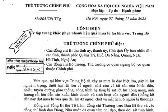 Công điện 206/CĐ-TTg: Tập trung khắc phục nhanh hậu quả mưa lũ tại khu vực Trung Bộ