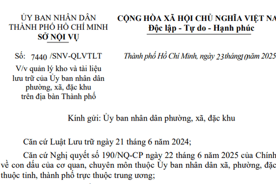 Đã có Công văn 7440/SNV-QLVTLT về quản lý kho và tài liệu lưu trữ của Ủy ban nhân dân cấp xã tại TPHCM