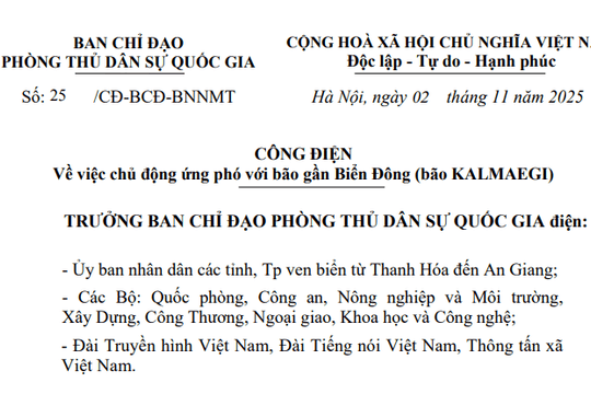 Công điện 25/CĐ-BCĐ: Chỉ đạo mới về ứng phó với bão KALMAEGI dự báo thành bão số 13