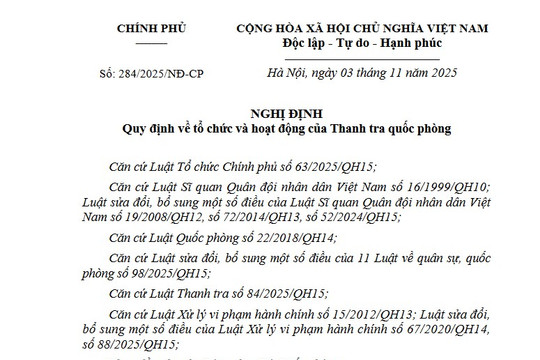 Đã có Nghị định 284/2025/NĐ-CP tổ chức và hoạt động của Thanh tra quốc phòng